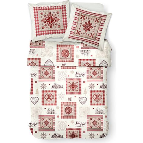 Parure de Lit 2 Personnes Dessin Astoria Housse de Couette 2 Taies d'Oreiller 63x63cm, Coton, Ecru, Rouge, 220x240 cm (1/3)