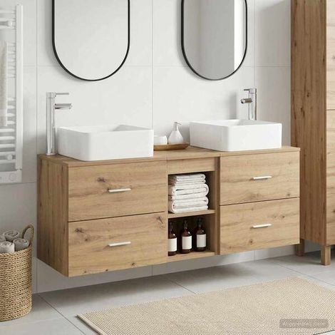 Ensemble Salle De Bain 3 Pièces Chêne Artisanal, Bois D'ingénierie, Étagères, Mural (1/4)