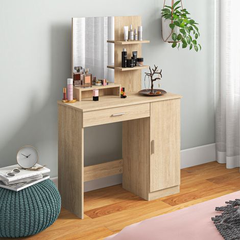 Tocador de dormitorio con armario, cajón, espejo de maquillaje y estantes abiertos, 90x38x138 cm, arce. (1/5)