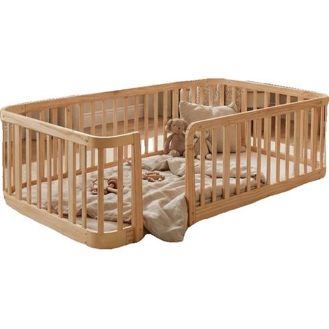 Parc pour bébé, Espacement des barres sécurisé, Coins arrondis, Bois Naturel + Bois Ingénierie + 90cm200cm (1/2)