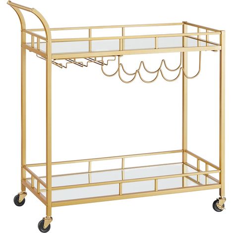 Carrello portavivande su ruote 38 x 80 x 90 cm mobile da cucina a 2 ripiani in vetro riflettente con portabottiglie e portabicchieri per bar cucina sala da pranzo oro 120005302