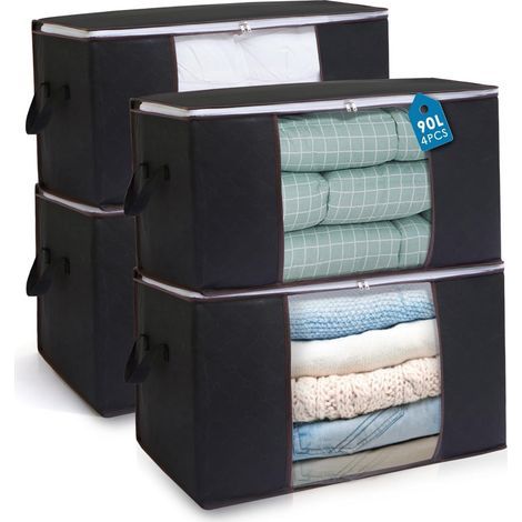 AIOR 4-teiliges, faltbares Kleideraufbewahrungsset (90 l) mit Sichtfenster, große Aufbewahrungsbox aus Vliesstoff für Bettdecken, Decken, Spielzeug, Kleidung, 60 x 40 x 35 cm (1/5)