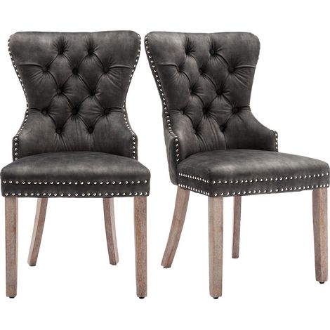 2 chaises velours gris cloutées - Salle à manger/cuisine - Dossier design avec heurtoir, pieds bois massif - Rembourrées (1/5)