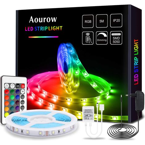 Ruban LED,5m Bande LED Flexible RGB avec Télécommande IR 24 Touches et Alimentation 12V,Bande Lumineuse Multicolore 5050 avec Adhésif pour la Décoration DIY (1/5)