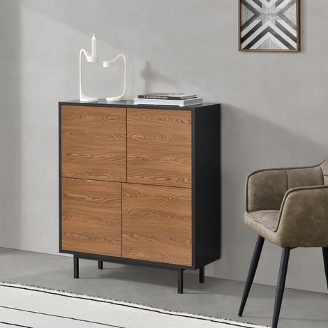 Mobile per Soggiorno/Ingresso/Ufficio, Comò (AxLaxP) 93x80x30 cm Armadietto a 4 Ante con Apertura a Pressione Push-to-Open, Mobile a Terra con Gambe in Metallo - Nero/Effetto Legno Scuro (1/5)