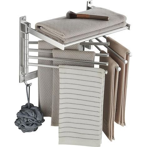 GENERIC-Porte-Serviettes Mural Aluminium Pivotant - Crochets Déplaçables et Tablette à 90° - Sans Perçage - Gain de Place Buanderie et Salle de Bains(60cm 7 tiges Blanc) (1/4)