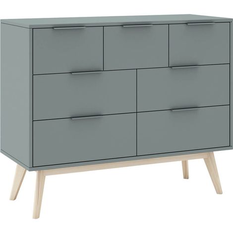 CANACA - Commode 7 Tiroirs Scandinave MDF et Pin Massif Gris Vert