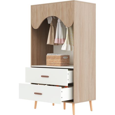 Penderie enfant ouverte avec tringle, 2 tiroirs, poignées en bois et structure MDF blanc et bois naturel, idéale pour chambre et dressing - CHICFURN (1/5)
