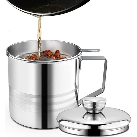 Contenitore per grasso in acciaio inox da 1,2 litri con filtro a maglia fine per friggere e cucinare, caraffa filtrante per olio da cucina. (1/5)