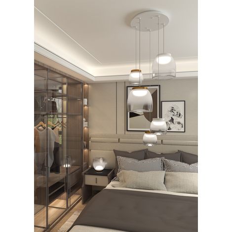 Lampadario Contemporaneo Drum Metallo Bianco Vetro Oro 5 Luci Led 24-32W Calda