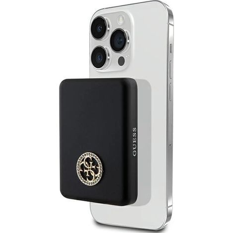 Batería externa inductiva Guess 15WGUPBM5AL4DMK de 5000 mAh, color negro/negro, MagSafe 4G, logotipo metálico con incrustaciones de diamantes de imitación. (1/5)