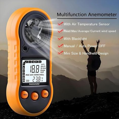 Anémomètre numérique, compteur de vitesse du vent, compteur de vitesse du débit d'air pour mesurer la vitesse/température du vent, pour le tir, le CVC, le vol de drone, le surf, la pêche