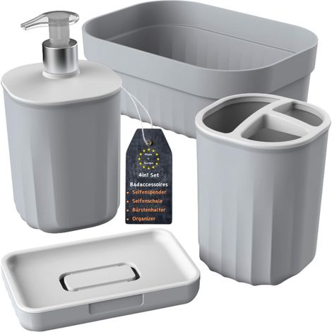 Ensemble de salle de bain 4 pièces avec distributeur de savon, porte-savon, porte-brosse à dents et organiseur, design moderne, plastique robuste, sans BPA, aspect rainuré, gris clair (1/5)