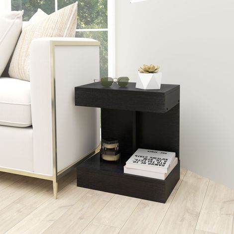 Mesita de noche, mesa auxiliar con cajón y compartimento de almacenamiento, mesa de sofá moderna con estante para diversas estancias, color negro. (1/5)