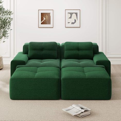 Canapé modulable U vert en velours côtelé, canapé Cloud sans montage avec ottoman, sofa 2 places à assise profonde pour salon (1/5)