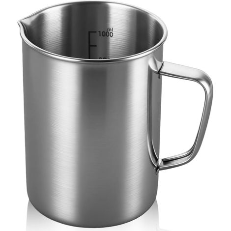 Verre doseur en acier inoxydable 1 l - Pot à lait avec marquage et poignée - 1000 ml - En métal - Anti-goutte - Robuste - Pour cuisine, bar, magasin de thé
