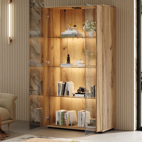 Vetrina con 2 ante in vetro 80x36x150.5 cm, 4 ripiani, LED regolabile, design moderno, vetro e truciolare, naturale (1/5)