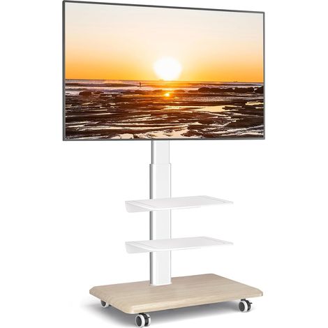 Blanc Support TV roulettes Support TV sur Pied avec Socle en Bois pour Télé de 26 à 65 Pouces, Réglable en Hauteur Pied TV avec 3 Étagères Jusqu 'à 35 kg, Max. VESA 400x400mm (1/5)