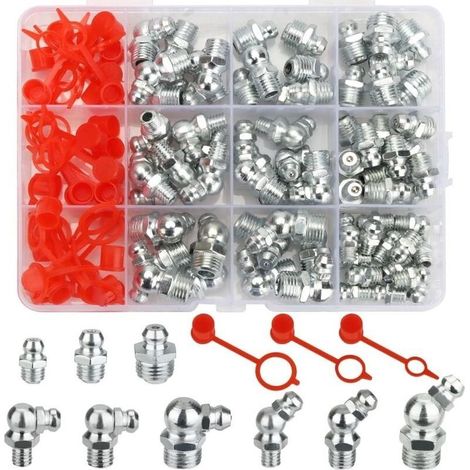 100 Stück Assortiment Graisseur M6 M8 M10, Raccords Filetages Mâles Graisseurs Droits/45°/90°/180° avec Mamelon de Graisse Hydraulique, Nickelé Embout de Graissage pour Équipement Mécanique (1/5)
