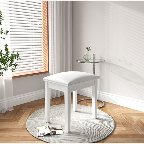 Tabouret de coiffeuse blanc en bois massif et PU, sans dossier, assise rembourrée, patins antidérapants (1/5)