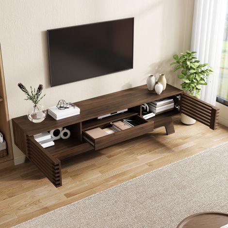 Mueble TV bajo de MDF efecto nogal con 2 puertas, 1 cajón y hueco abierto, 150 x 35 x 44 cm (1/5)
