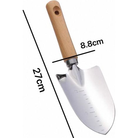 Transplantoir de jardinage en acier inoxydable avec manche en bois et graduations