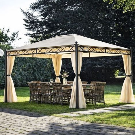 Gazebo da giardino rettangolare 4x3 mt in ferro lavorato, copertura sabbia