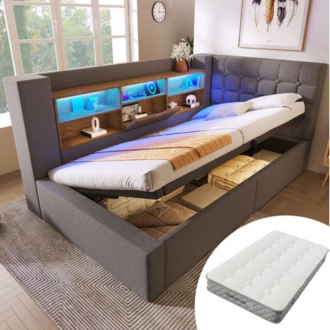 Bettgestell 90x200 cm grau aus Leinen mit LED-Beleuchtung, Stauraum und L-förmigem Kopfteil (1/5)