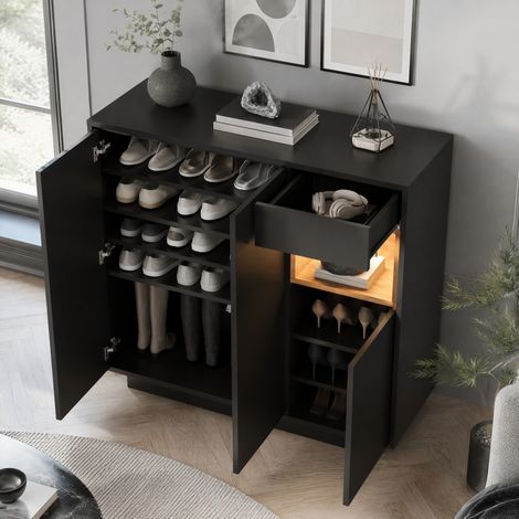 Schuhschrank mit LED, für 14–18 Paare, 105 x 39,5 x 100,5 cm, Schwarz und Holz HAVRYA (1/5)