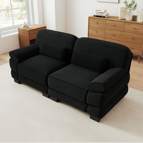 Sofá modular de 2 plazas en pana negra con cojín lumbar, 194 x 88,5 x 94 cm (1/5)