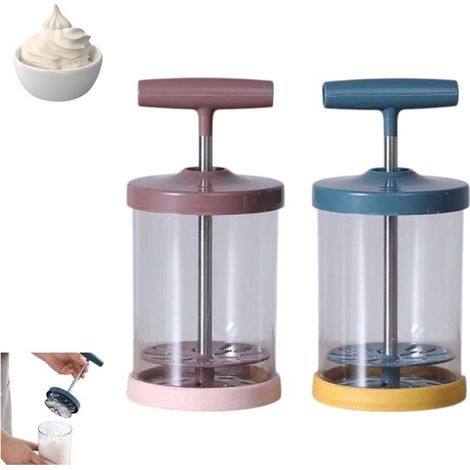 2 piezas, Batidor de crema manual, Marrón café, Azul, Utensilios de cocina de acero inoxidable, Dispensador de diseño ergonómico con mango cómodo (1/5)