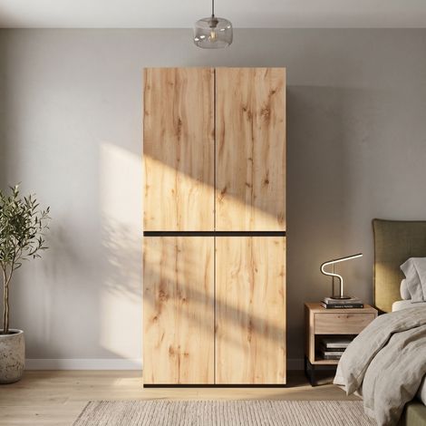 Armoire de Chambre 90x50x200cm Chêne et Noir Garde-Robe 4 Portes 2 Tiroirs 1 Tringle et 1 Tiroir à Bijoux Organisateur Dressing Moderne Chic (1/5)