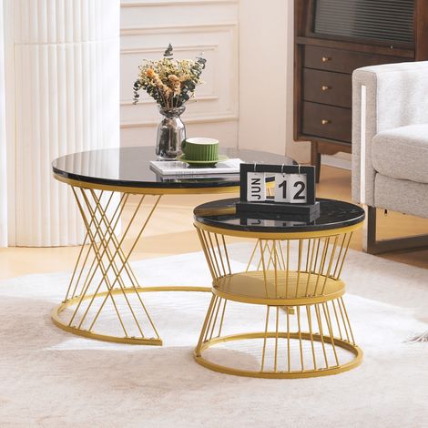 Lot de 2 tables basses gigognes rondes, effet marbre brillant (MDF), cadre métal doré, 70×47 cm & 45×40 cm (1/5)