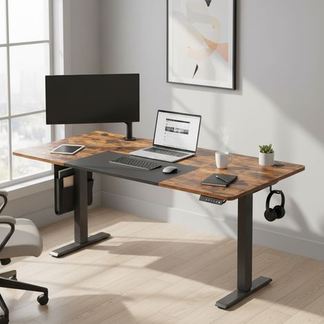 Bureau Réglable en Hauteur, 180 x 80 cm, Fonction Mémoire, Port USB-C, Marron et Noir (1/5)