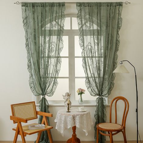 SIENTICE Two-Piece Lace Curtains, Bohemian Vintage Style, Sheer Floral Embroidery Ruffles, Rod Pocket, 140200cm, Green.