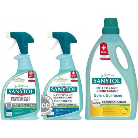 Pack: 2 pulvérisateurs nettoyant désinfectant PRO multi usages et sanitaires + 1 bidon 5L nettoyant sol citron SANYTOL