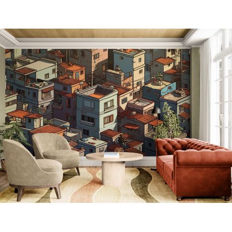 Papier peint Architecture – Maisons empilées et toits en tuiles - 150 x 250 cm (1/2)