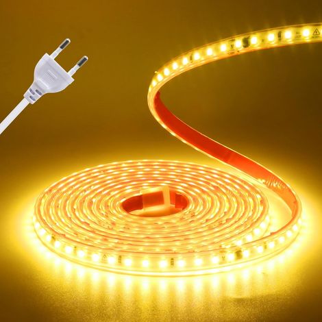 Bande LED 220 V,Yellow 120 LED/m, étanche IP65, ruban adhésif ultra-lumineux sécable de 10 cm pour alimentation directe, éclairage intérieur.5M (1/5)