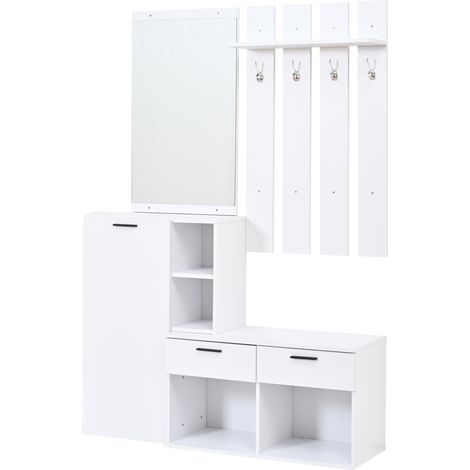 Flurmöbel mit Spiegel, Schuhschrank und Garderobe aus MDF, Weiß, 120x35x175,5 cm (1/5)