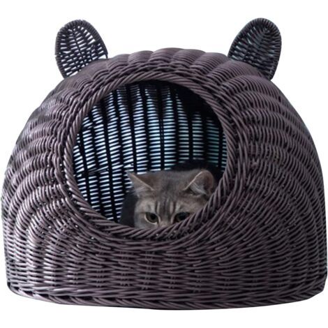 Couchage Panier Pour Chats,Lit pour chat Oreille de chat mignonne ,imité rotin tissé à la main,respirant toutes saisons ,lavable maison de chat,semi-fermée pour intérieur 38x38cm / 15.0x15.0in café (1/5)