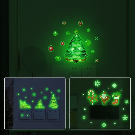 Adesivi per luci natalizie che si illuminano al buio, calze natalizie verdi, adesivi murali per camera da letto/soggiorno, 3 fogli, effetto 3D. (1/4)