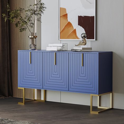 Buffet 138 cm, con 3 porte a forma di U, mensole regolabili, cornice in metallo, stile moderno, design, armadio da soggiorno - Blu