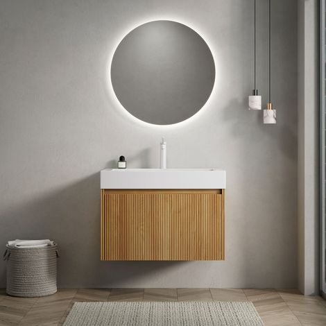 Mueble de lavabo suspendido de resina y madera contrachapada blanco y madera natural, 70 cm, 1 cajón