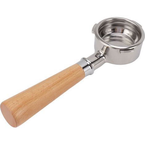 Porte-filtre sans fond de 58 mm, 3 oreilles, en acier inoxydable, manche en bois massif, pour machine à café Barsetto, style A2, hêtre. (1/5)