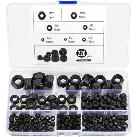 220 pièces écrous hexagonaux autobloquants M3–M12, noir (1/5)