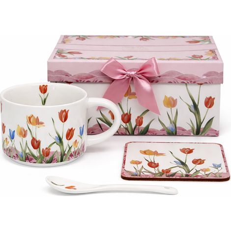 Tazza in porcellana a forma di tulipano da 280 ml con cucchiaino e sottobicchiere, perfetta come regalo. (1/5)