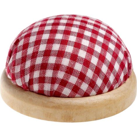 table Ronde Coussin  Pingles Avec Bordure En Bois Clair, Couleur : Rouge Et Blanc (motif  Carreaux).