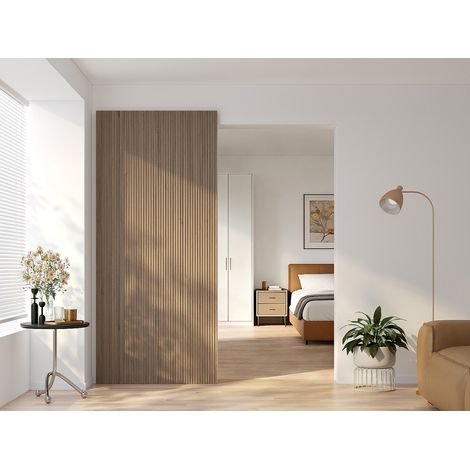Porte coulissante en bois et MDF avec rail invisible - Strié naturel clair - 83 x 210 cm - LORVISA (1/4)