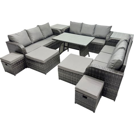 Fimous Garden Rattan Outdoor Furniture Set 13 Seater with 3 Seater Sofa 4 Stools 2 Side Tables Dark Grey (1/5)