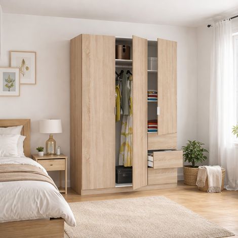Dmora Garderobe Fullerton, Schlafzimmerschrank mit 3 Türen und 3 Schubladen, Schrank mit 3 Einlegeböden und Kleiderstange, cm 135x52h200, Eiche (1/5)